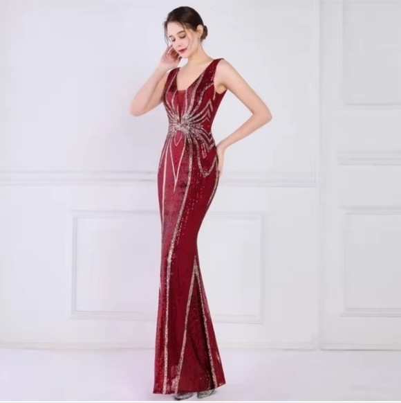 Red Sequin V-Neck Prom Gown